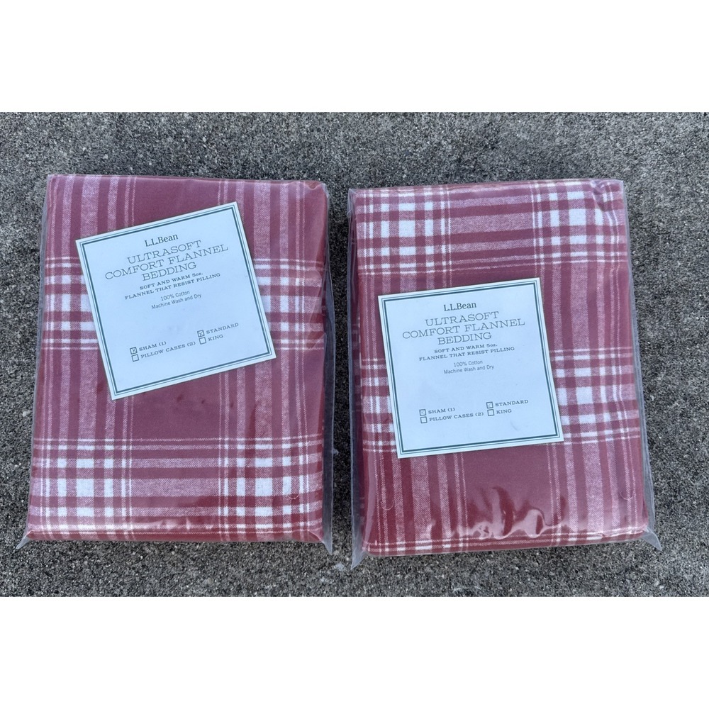 L.L.Bean Ultrasoft Comfort Flannel Bedding Standard Pillow Shams Red Cabin Plaid